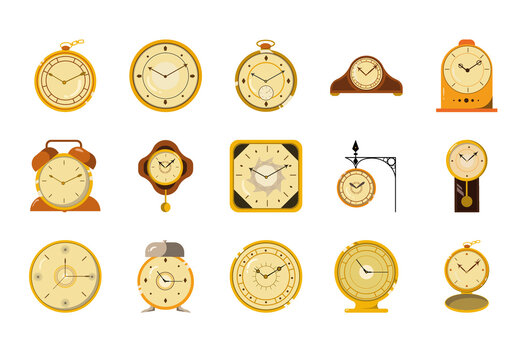 Golden Clock Retro Watches Antique Timepiece Illustrations Set