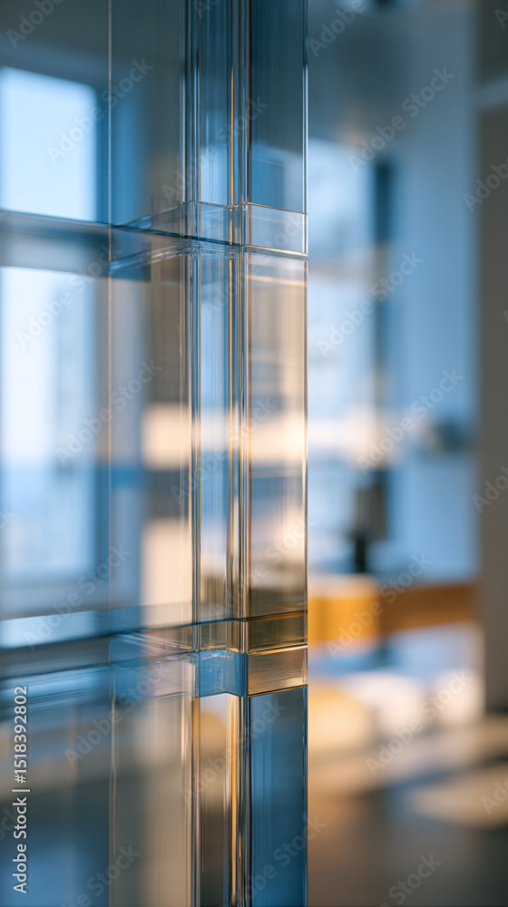 Poster close-up of transparent glass structure, showcasing geometric design and light refraction, symbolizi