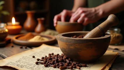 Close-up of dried cloves in a wooden mortar, surrounded by parchment scrolls and lit by an oil lamp. In the background, an old healer grinds cloves, evoking ancient herbal wisdom and tradition.