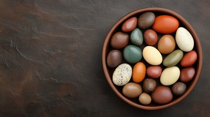 Assorted colorful eggs in a round bowl on a dark textured surface