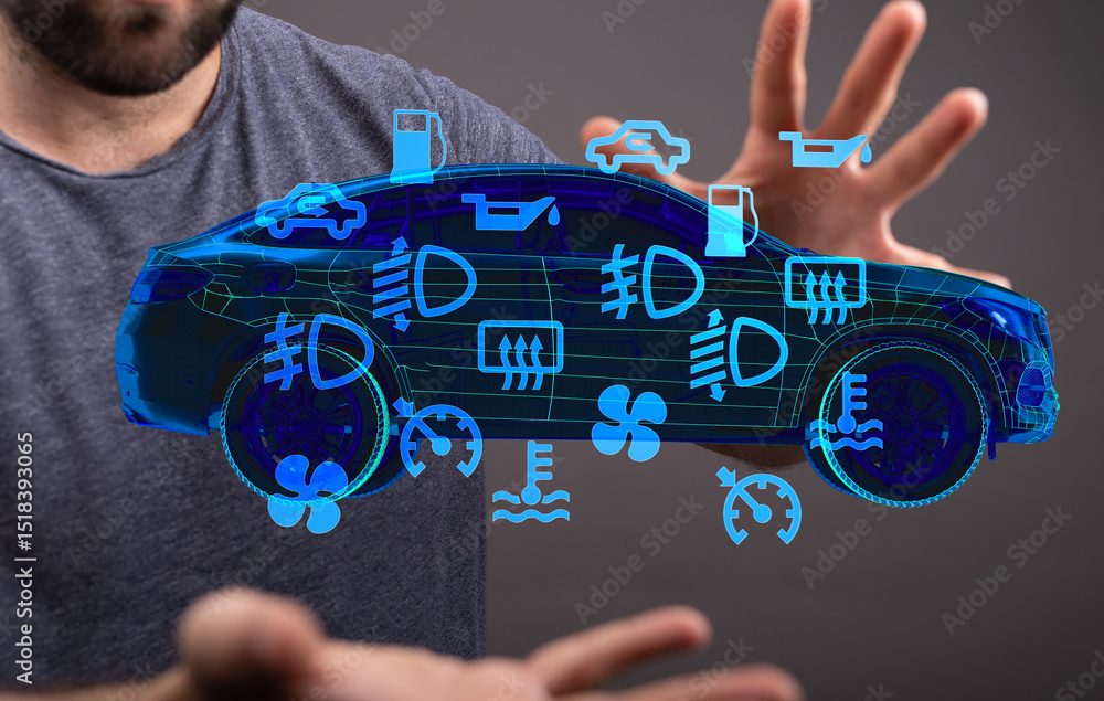 Poster Person interacting with a digital 3D model of a car, displaying various dashboard warning lights and icons.