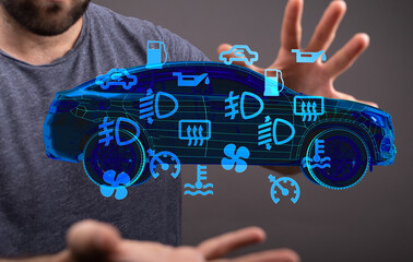Person interacting with a digital 3D model of a car, displaying various dashboard warning lights and icons.