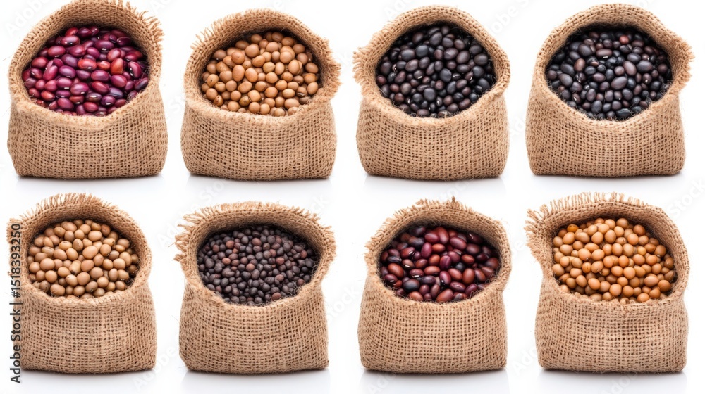 Poster Assorted beans in burlap sacks arranged in a grid pattern on a white background