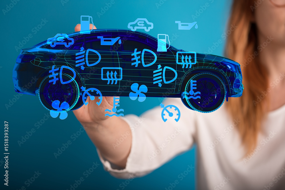 Poster Stock photo of a woman displaying a digital car with illuminated warning lights and indicators. Perfect for automotive technology, car maintenance, or diag