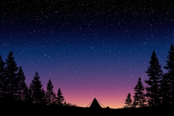 Night sky filled with stars above a silhouette of trees and a camping tent, creating a serene atmosphere in nature, perfect for outdoor adventure themes and relaxation concepts