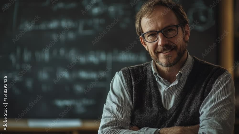 Poster a person wearing glasses stands in front of a blackboard, possibly preparing for a lecture or presen