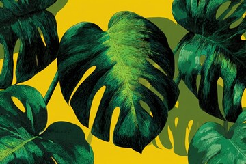 Vibrant green monstera leaves with intricate textures and patterns are layered against a bright yellow background, creating a striking visual contrast and lively atmosphere
