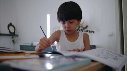 Young boy sitting at table, focused on coloring and drawing in a book, engaging in creative play and developing fine motor skills during early childhood in a calm home setting