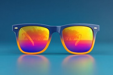 Stylish sunglasses with vibrant reflective lenses showcasing a colorful sunset and palm trees, resting on a smooth blue surface, perfect for summer fashion and outdoor activities