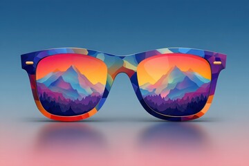 Colorful sunglasses with a vibrant mountain landscape reflected in the lenses, showcasing a stunning sunset and artistic geometric design, perfect for summer fashion and outdoor adventures