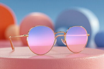 Stylish round sunglasses with gradient pink lenses resting on a textured surface, surrounded by colorful geometric shapes, showcasing modern eyewear design and vibrant aesthetics