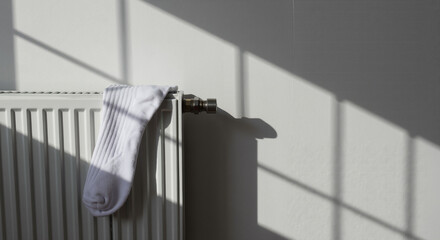 White sock hanging on heater, warm atmosphere, minimalist design, clean background