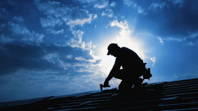 A worker is silhouetted against the sky while repairing a roof under bright sunlight and scattered clouds.