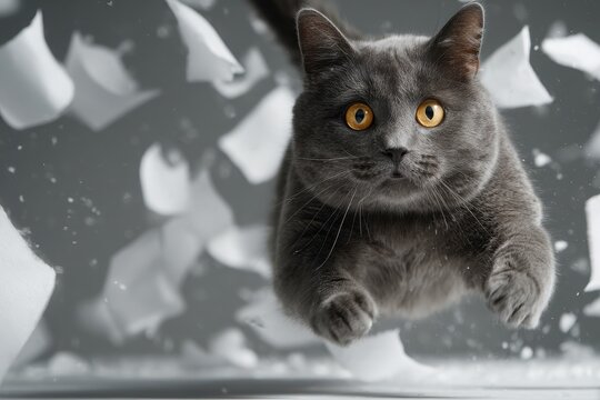 Black cat jumping through falling snowflakes in a winter scene
