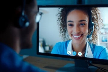 Smiling woman on computer screen wearing headset, seen from behind by another person, symbolizing online communication, customer service, or remote support