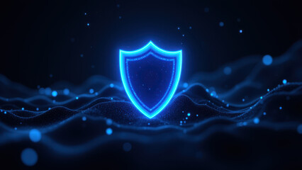 Computer security shield with blue glow on a dark background.
