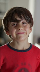 Young boy smiling warmly, looking directly at the camera, cheerful and joyful expression, capturing...