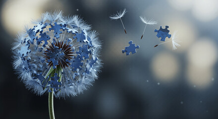 Dandelion with puzzle pieces, creative concept, artistic design, blue tones, dreamy atmosphere