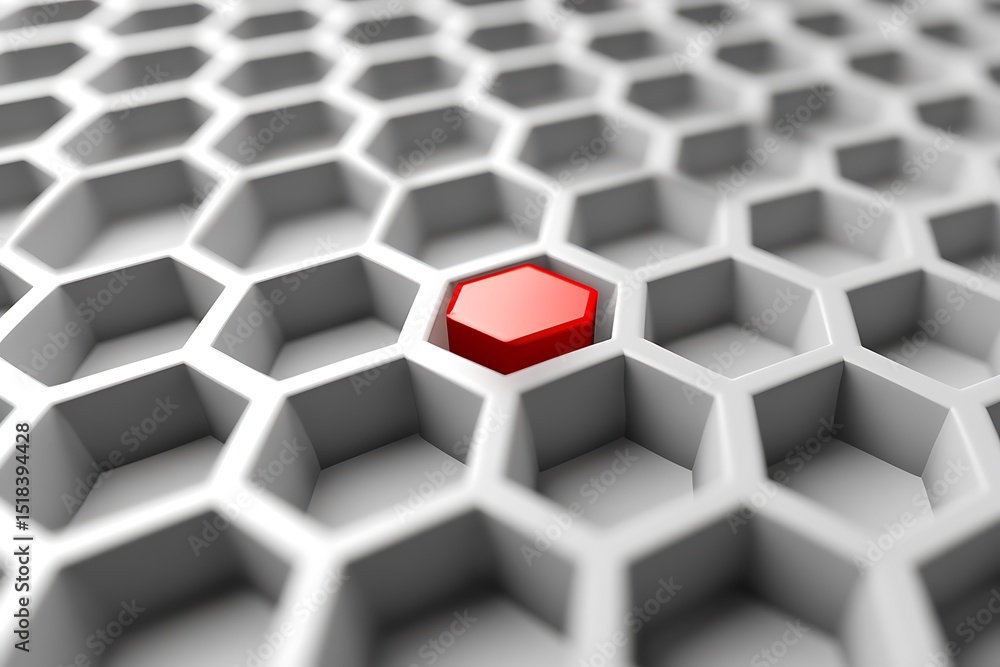 Aufkleber Honeycomb Grid with a Red Hexagon, Isolated Element in White Background