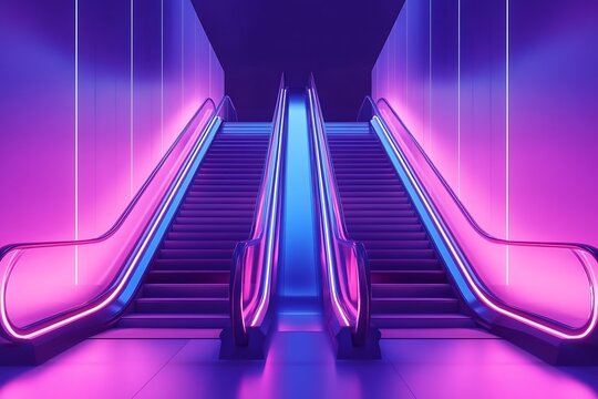 Illuminated Escalators Neon Purple and Blue Glowing Structure Modern Design - Powered by Adobe