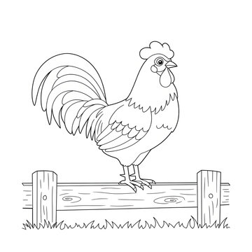 Cartoon rooster standing on a wooden fence in a farm setting  
