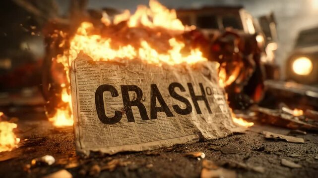 A burning car crash scene with a newspaper headline reading "CRASH" in the foreground amid debris and flames.