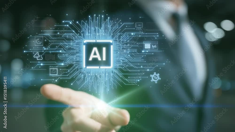 Poster a person interacts with a glowing ai interface, symbolizing artificial intelligence and digital tech