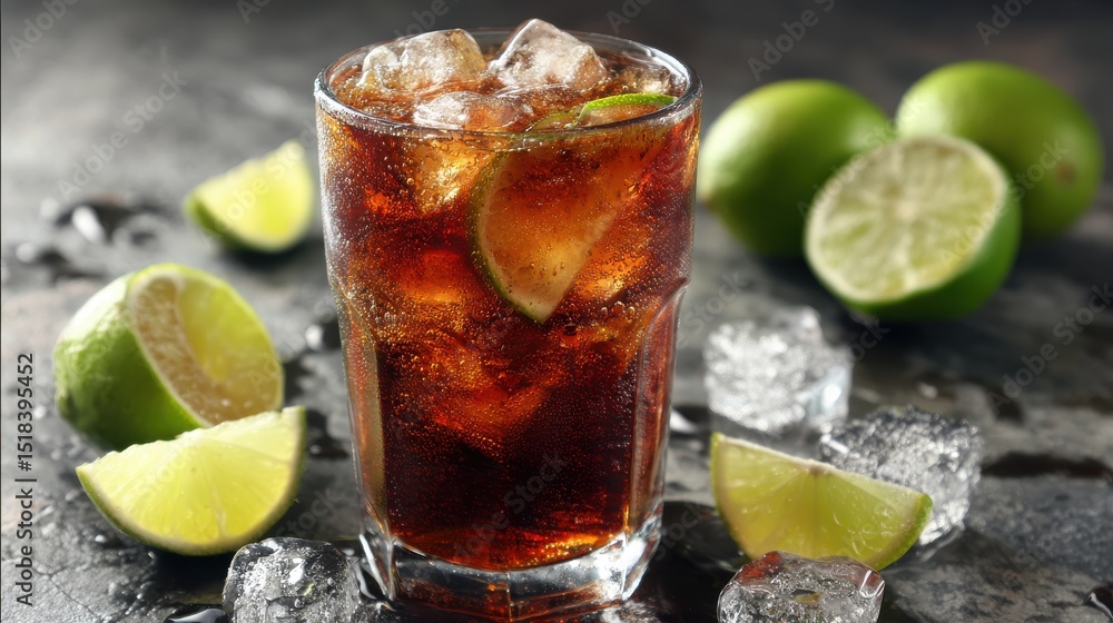 Poster a stunning image of refreshing cola drink with lime and ice.