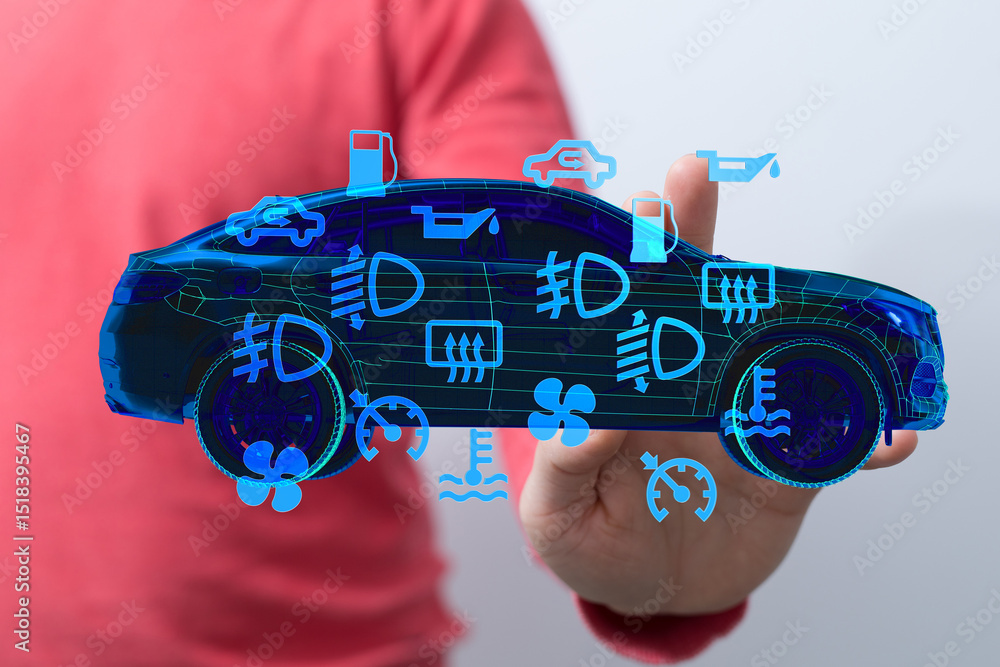 Poster person displaying digital car dashboard warning lights and indicators on their hand.