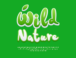 Fototapeta premium Vector Eco poster Wild Nature. Funny Playful Font. Modern White and Green Alphabet Letters and Numbers set. 