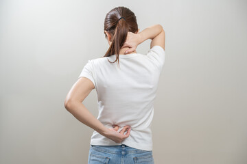 Pain body muscles stiff problem, asian young woman, girl painful with back, neck ache from work...