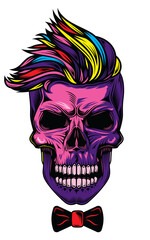 Original illustration in vintage style. Hipster skull with fashionable hairstyle. T-shirt design, design element.