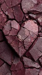Dark-red stone heart, cracked, set against a background of similarly textured and colored stones, symbolizes heartbreak, fragility, or loss, suitable for Valentine's Day themes