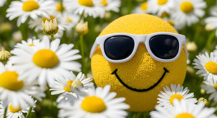 Cheerful Lemon Smiley Face with Sunglasses in Daisy Field | Cute Summer Vibe