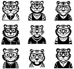 Smart Tiger Mascot & Icon Set: Hipster Animal Characters