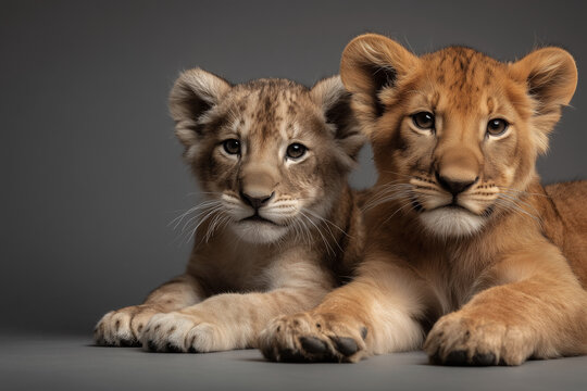 Two young lions are resting together on a grey surface. The scene is serene and tranquil, with the two cubs looking at the camera. The lighting is soft and the background is a neutral grey color
