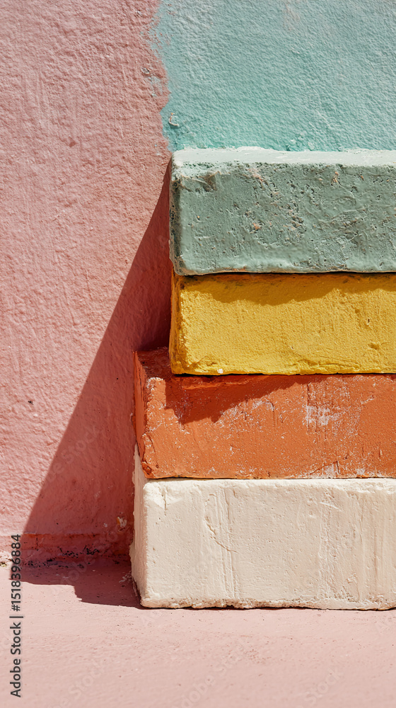 Poster stacked pastel-colored blocks against a pink and blue wall, showcasing a minimalist and colorful des