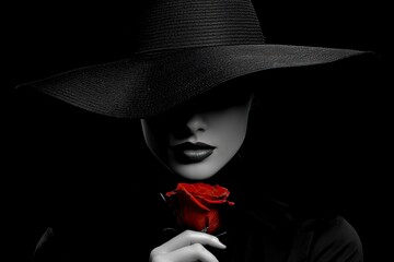 A woman in a widebrimmed black hat holds a red rose against a dark background with selective color and grayscale
