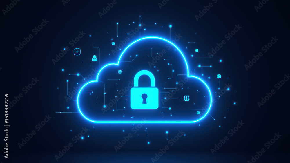 Poster cybersecurity logo with a digital cloud and lock, symbolizing secure data storage and protection in 