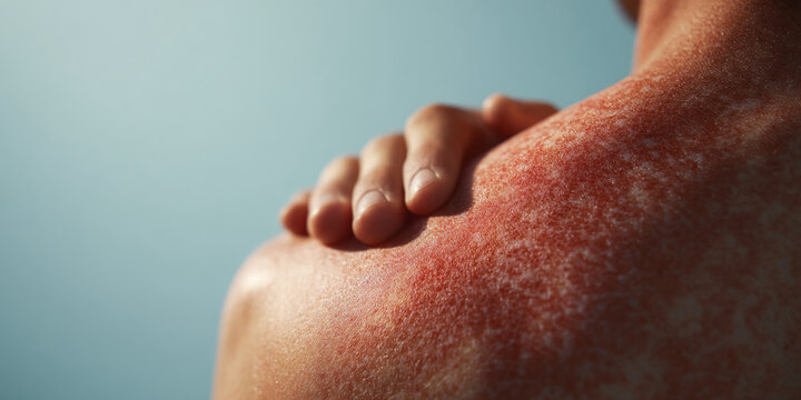 Close-up of sunburned skin texture, red and inflamed, showing the effects of excessive sun exposure, highlighting the importance of sun protection