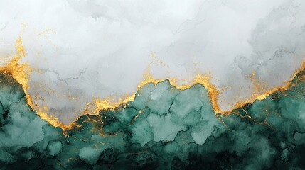 Abstract watercolor art green, gold, and white design
