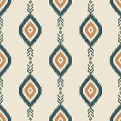 Seamless Ikat pattern in earthy beige, brown, and deep green with a woven texture effect. Ideal for fabric prints, traditional textile art, ethnic fashion, upholstery, and rustic home decor themes.