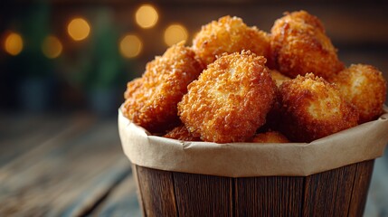 Perfectly fried nuggets in a textured brown paper bucket