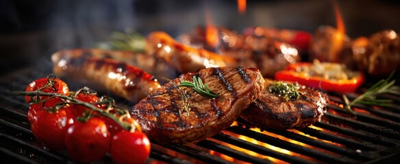 The tantalizing barbecue spread featuring grilled meats and vibrant vegetables.