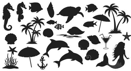 Tropical Ocean Life Silhouettes Sea Creatures Palm Trees and Mermaid