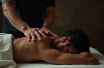 a man at a massage therapist's appointment. A man on a couch in a massage room, a masseur massages his back