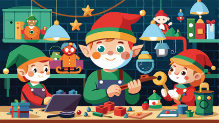 Four Christmas Elves Holding Gifts, Festive and Cheerful