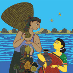 Traditional Bengali vector illustration of a fisherman and woman by the river, featuring fish, pots, trees, and folk style. Ideal for culture, rural life, and ethnic artwork. Colorful Bengali Folk Art