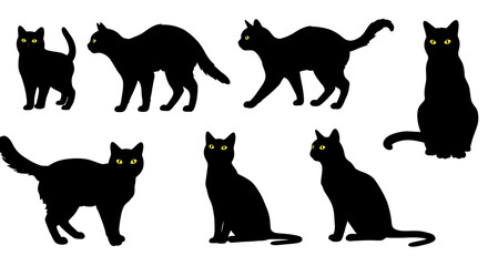 Collection of Six Black Cat Silhouettes in Various Poses