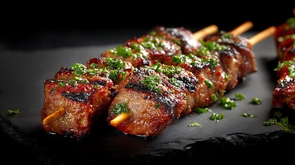 Smoky beef kebabs with charred edges, juicy interior visible in cross-section, garnished with chopped parsley